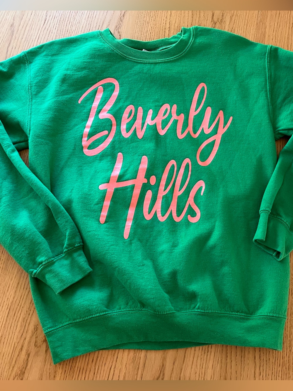 Green Beverly Hills Script Crewneck Sweatshirt with Pink Lettering
